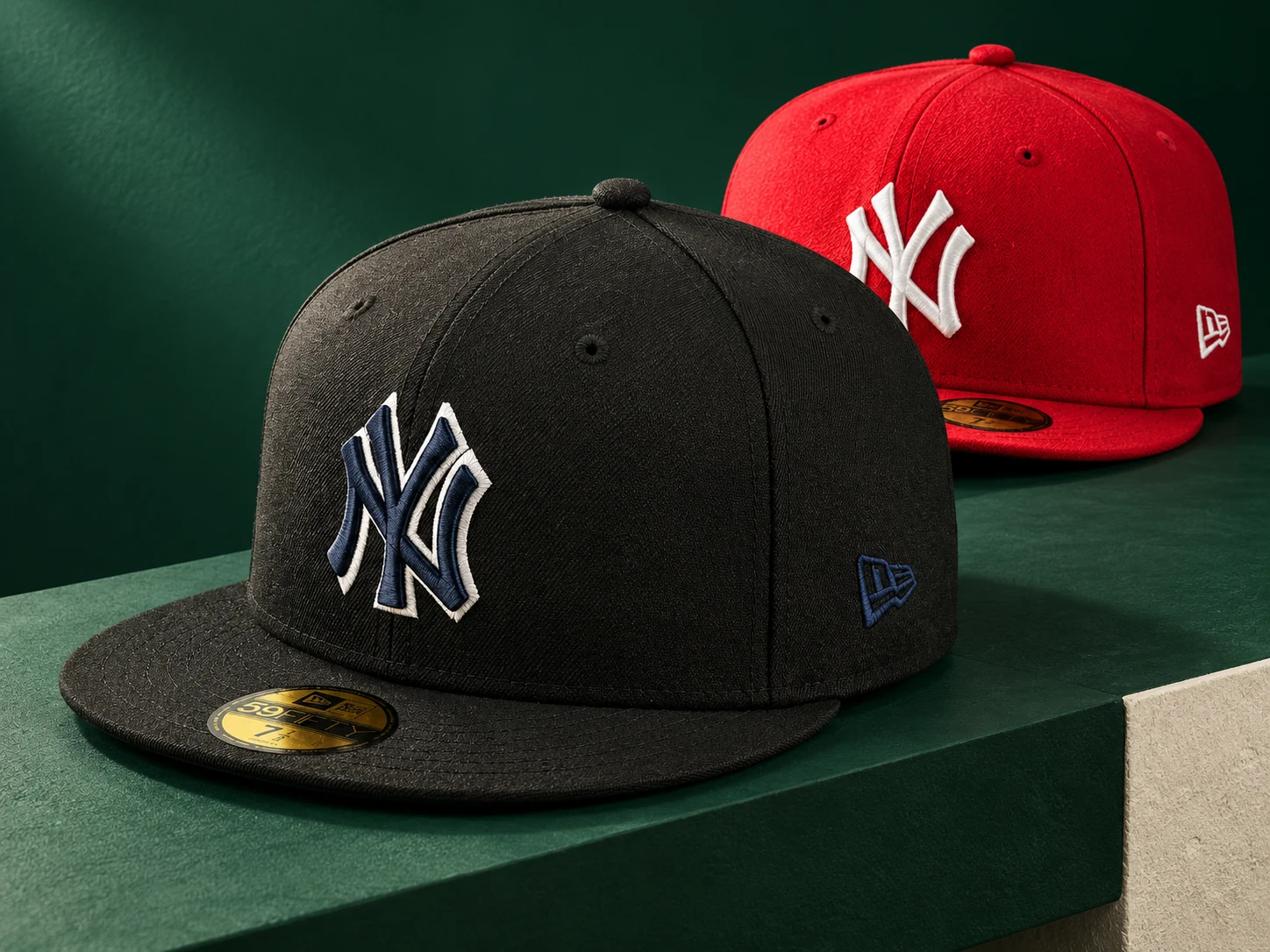 New Era black and scarlet caps on a forest-green display