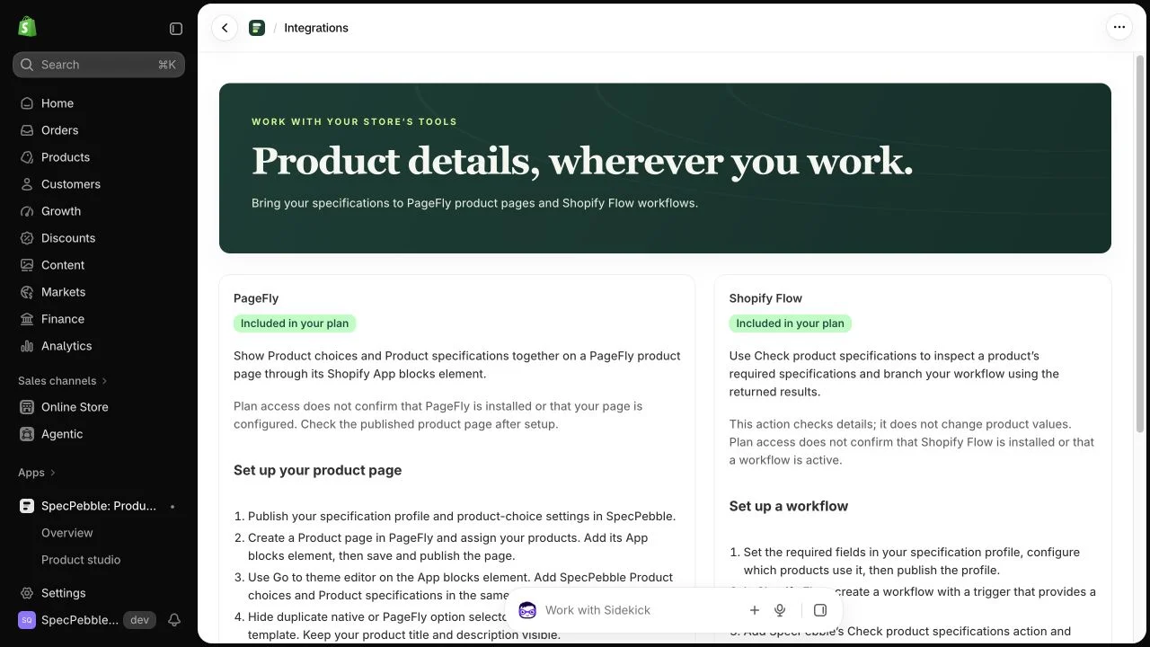 SpecPebble Integrations workspace with PageFly and Shopify Flow